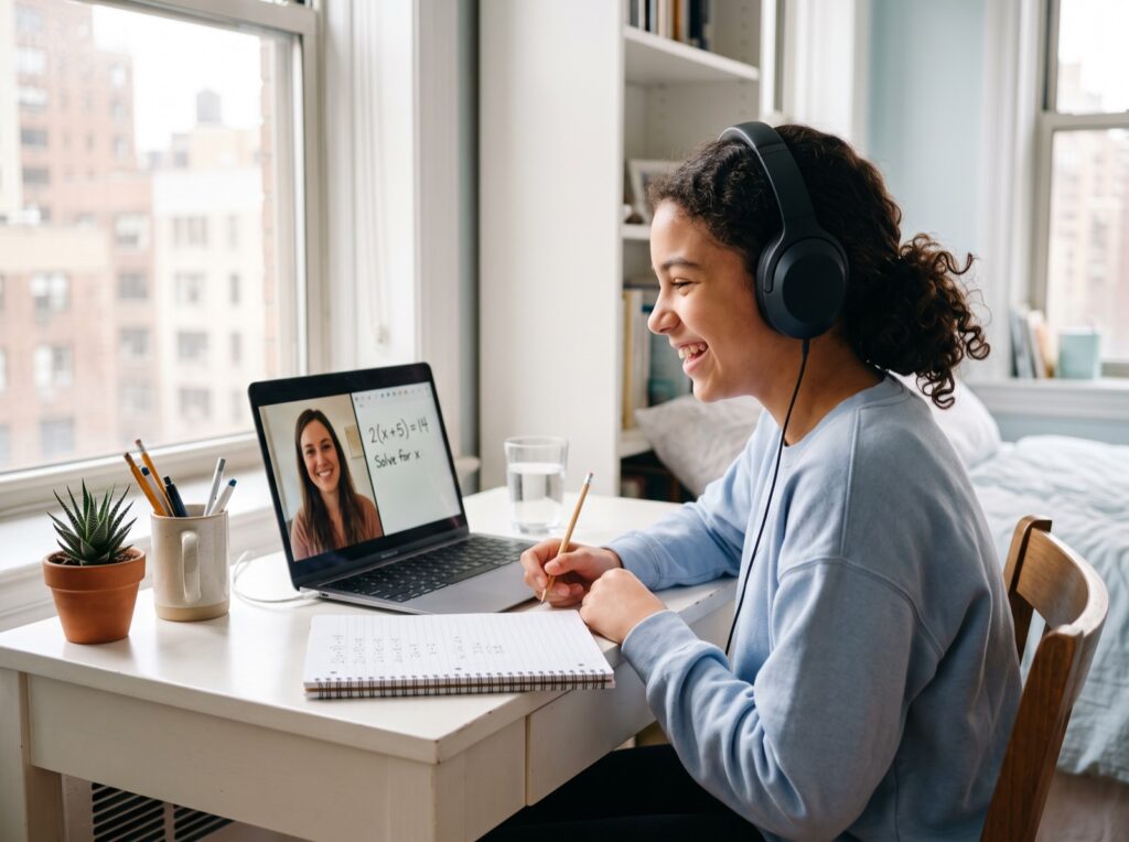 Student taking a live online tutoring lesson on a laptop at home