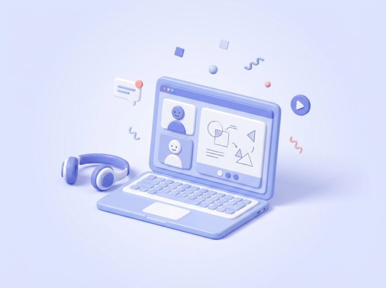 Online tutoring illustration with a laptop video call and headphones