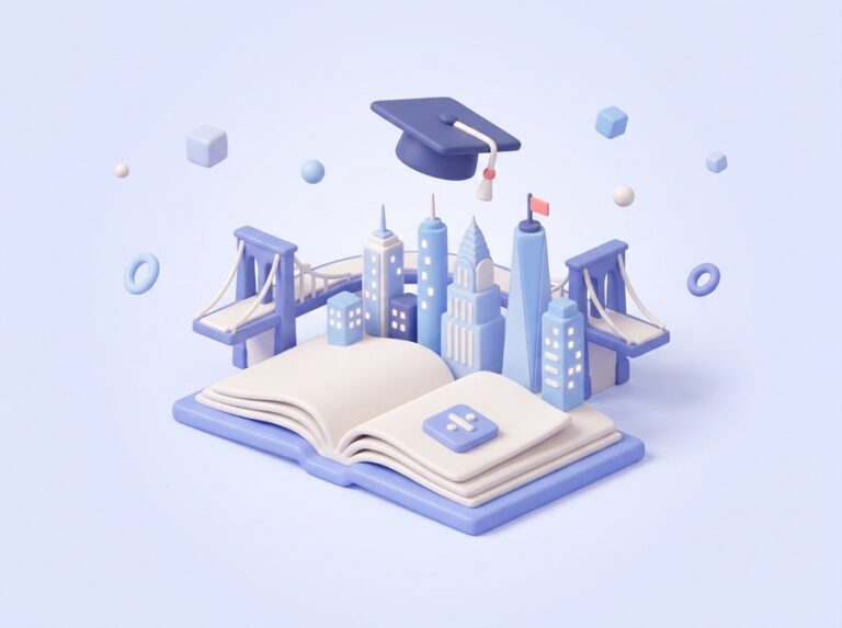 SHSAT preparation illustration with the New York City skyline and a textbook
