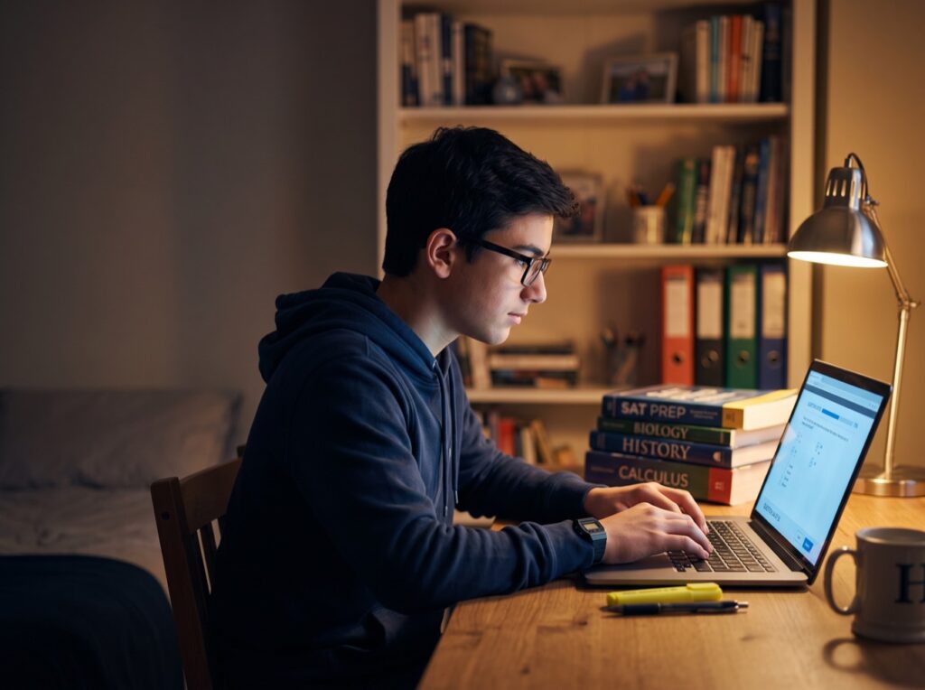 High school student working through a digital practice test at home