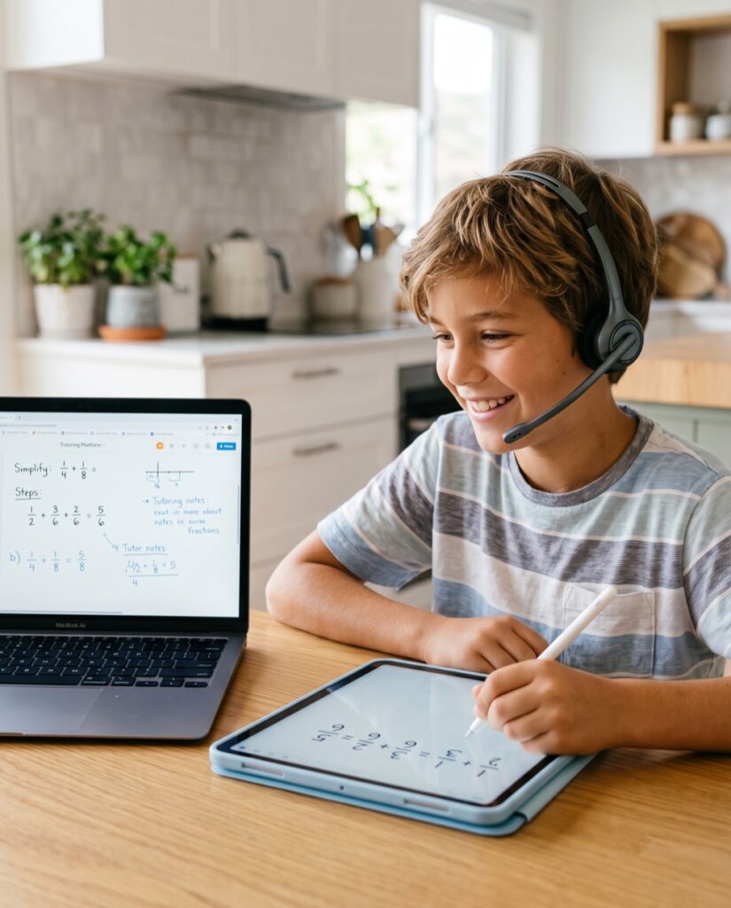 Student with a headset solving math on a shared online whiteboard